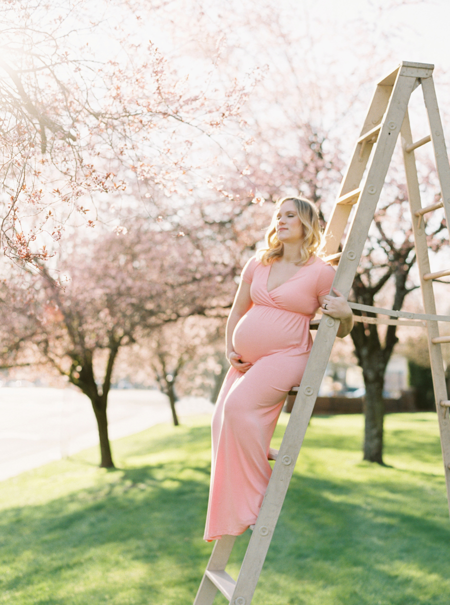 Seattle Maternity Photos on Film Spring Cherry Blossoms