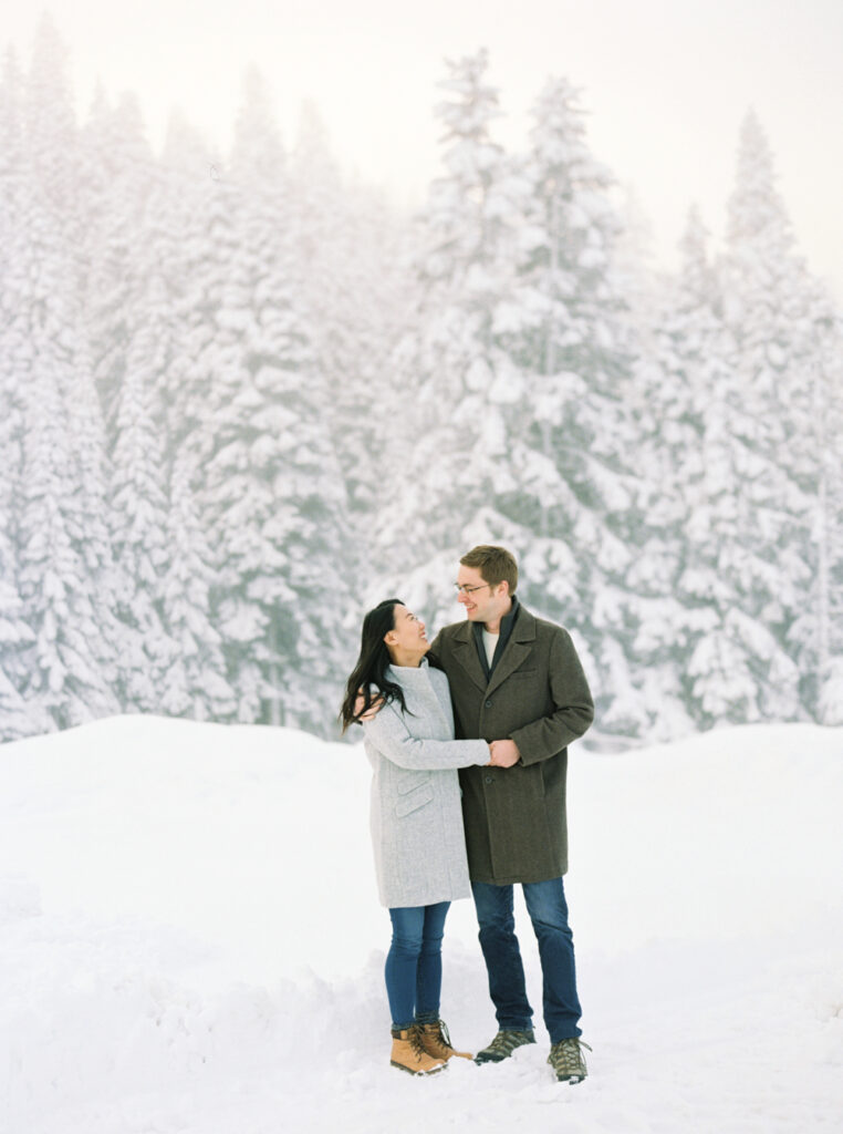 snowy stevens pass engagement photos on film