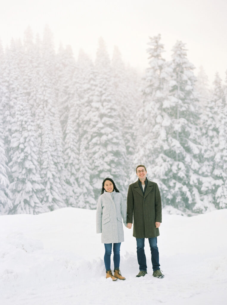 snowy stevens pass engagement photos on film