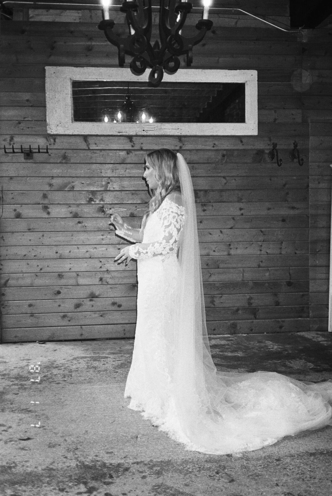 black and white point and shoot film photo of bride at fox hollow farm