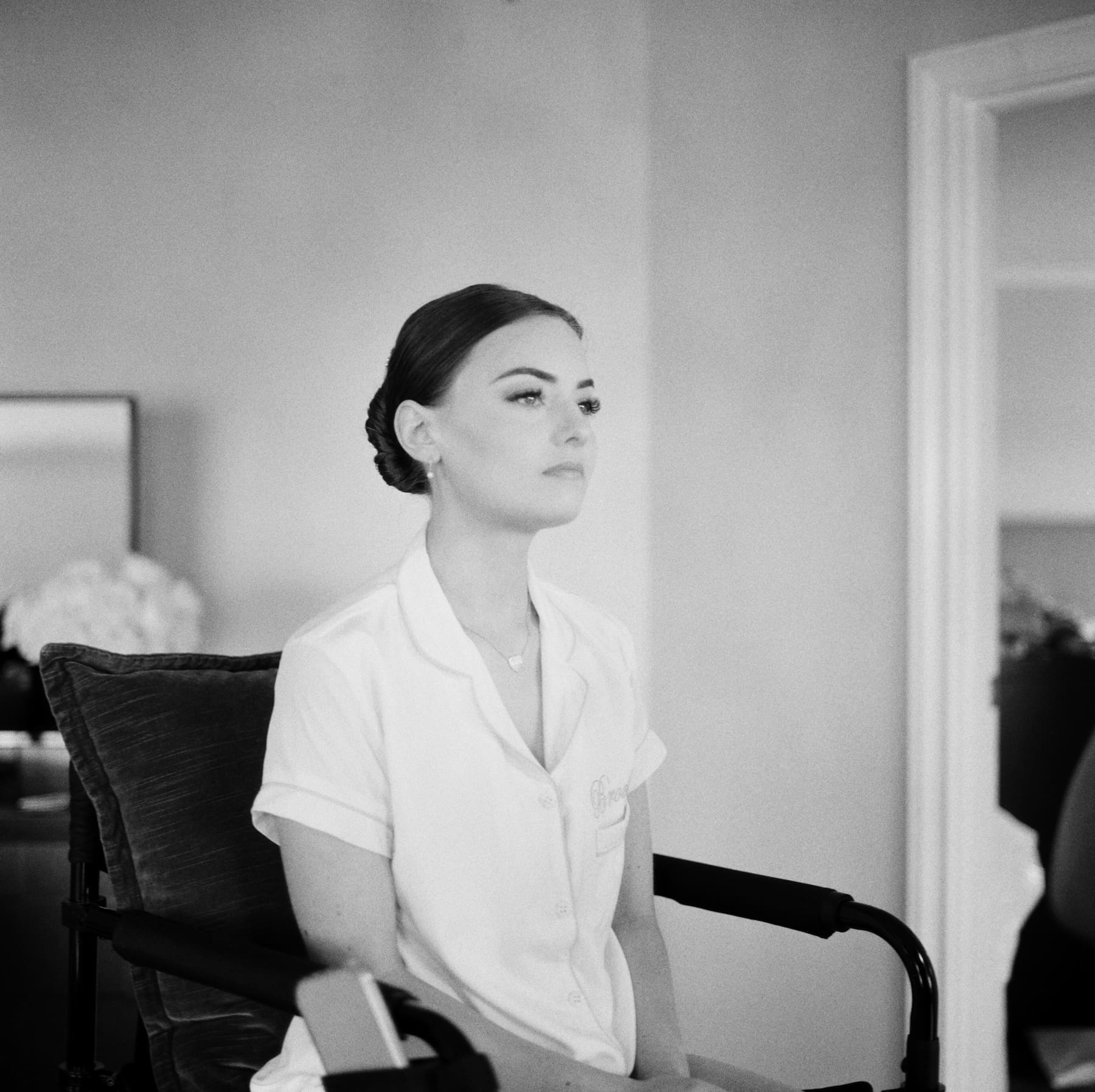square format hassleblad 501c black and white film photo of bride getting ready at the woodmark hotel