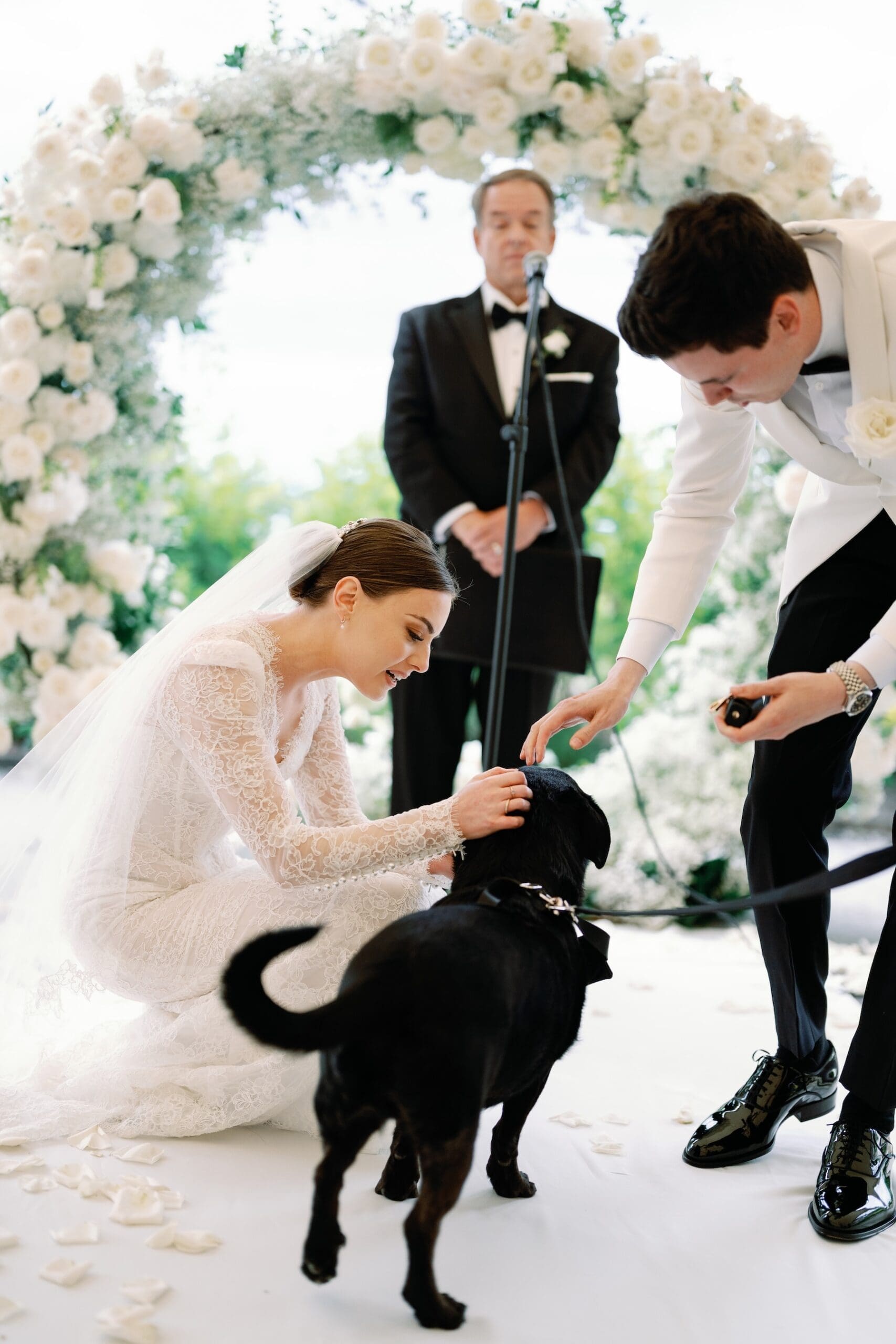 Bride and groom with dog at Woodmark Hotel wedding ceremony