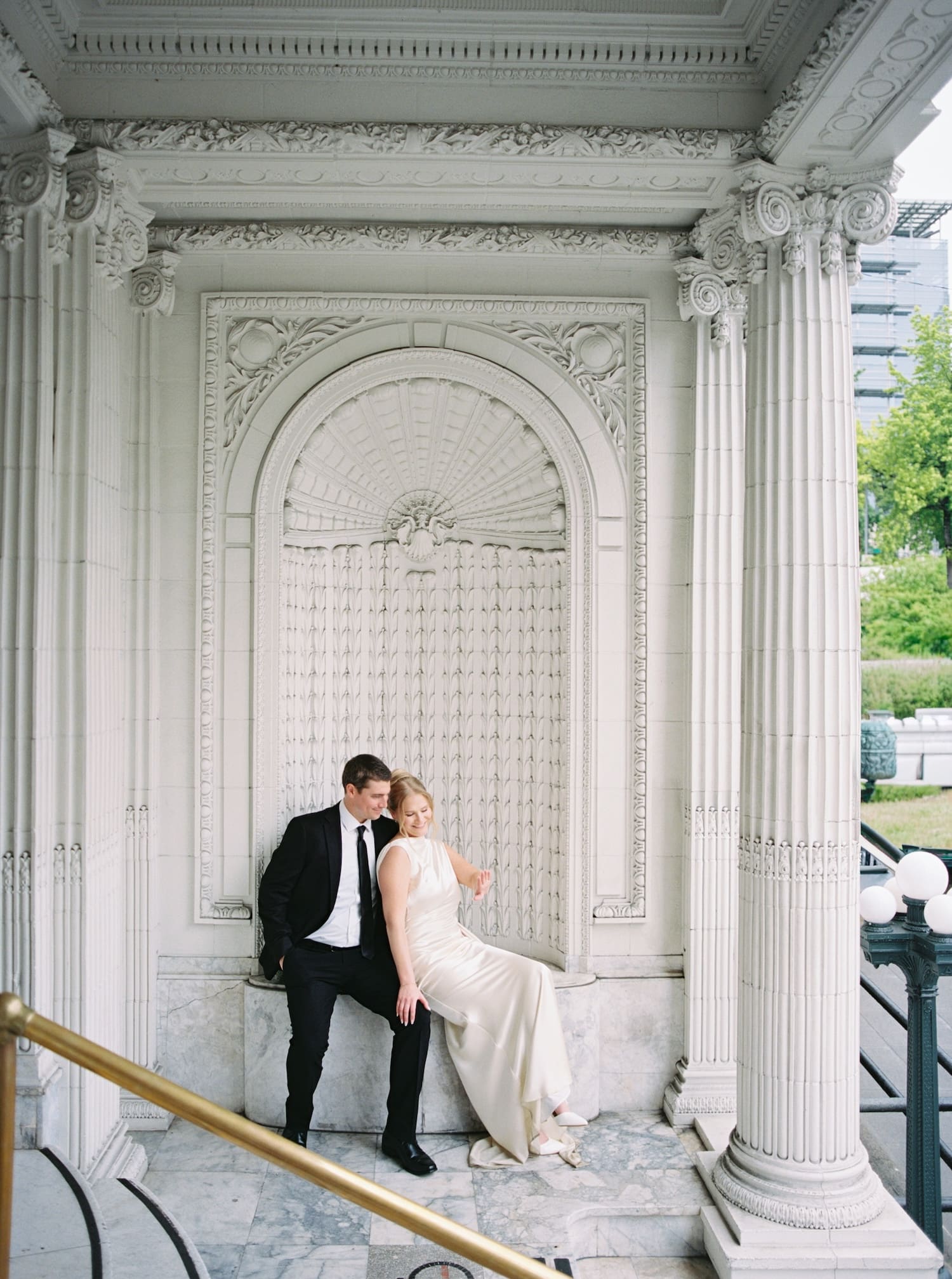 arctic club bride and groom at doorway beautiful architecture 