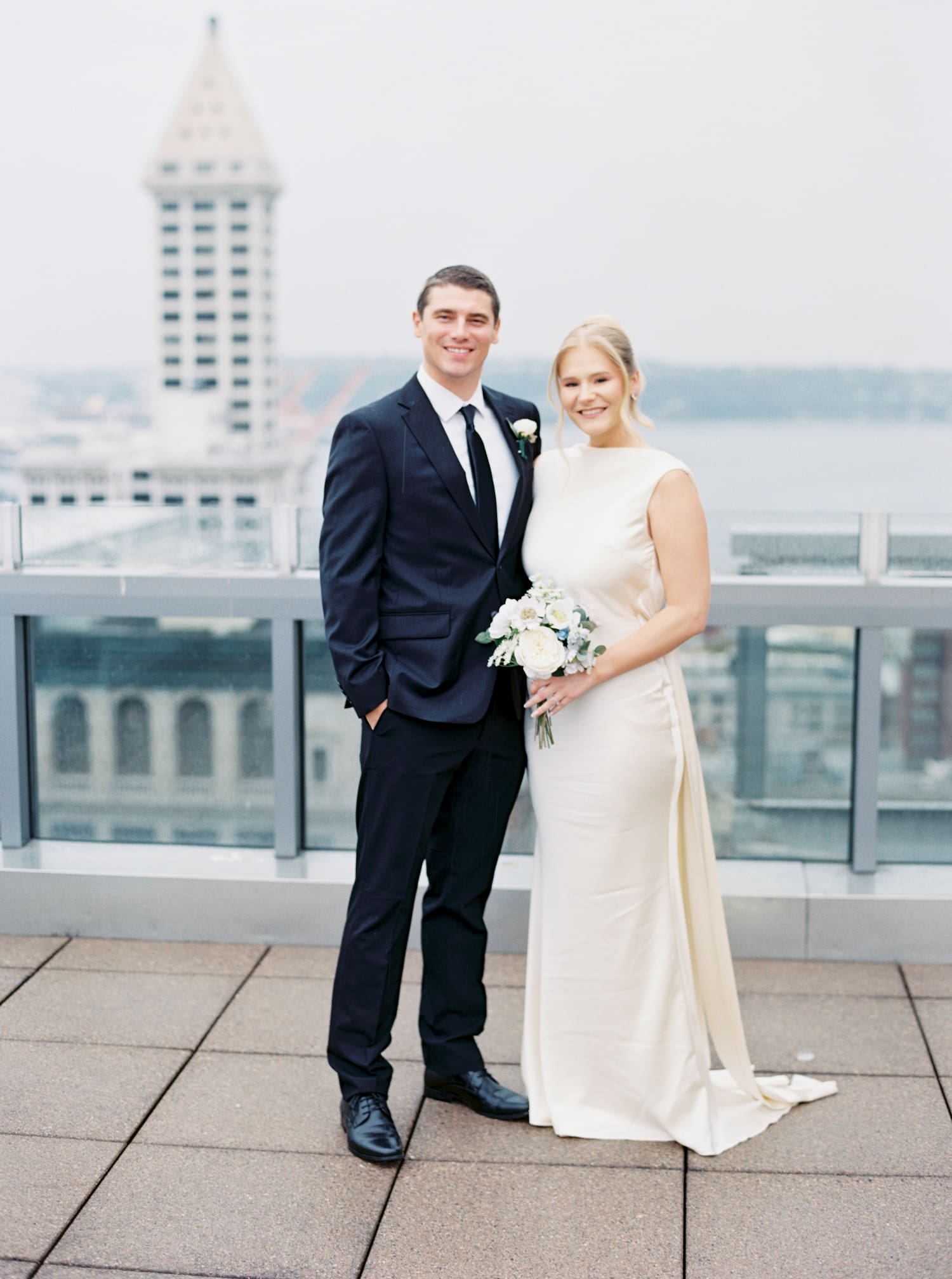 romantic film photography for this rooftop seattle courthouse elopement 