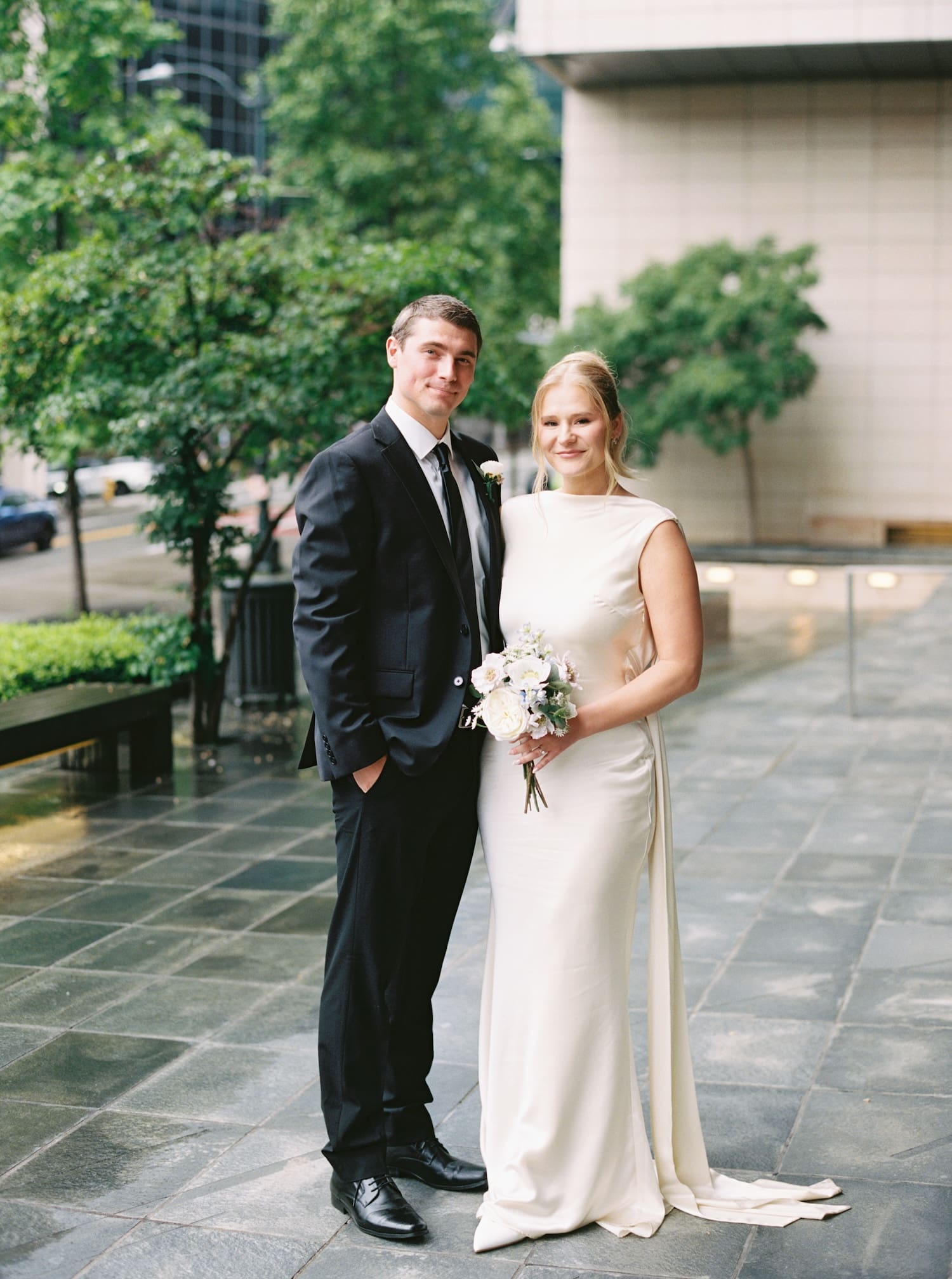 bride and grooms portraits on film at their seattle courthouse elopement 